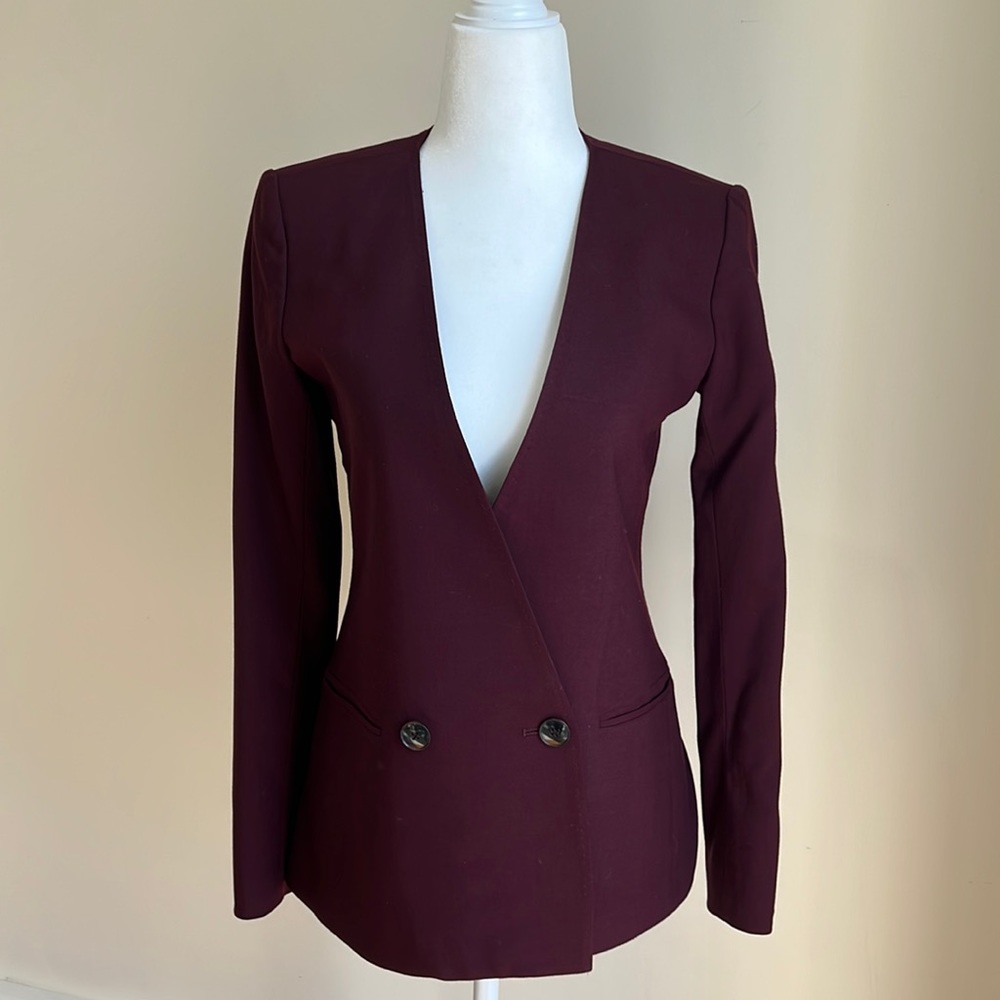 Theory Maroon collarless double breasted blazer.